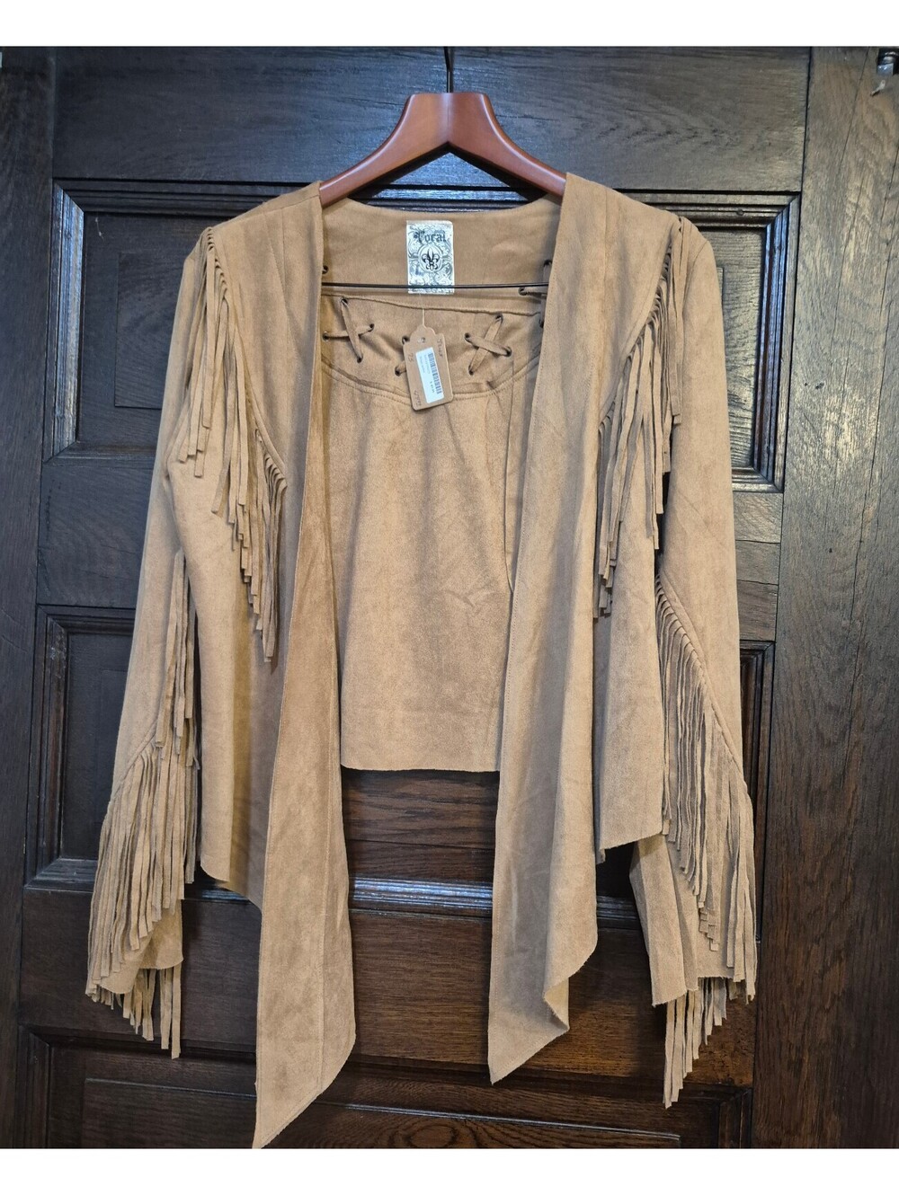 Vocal Camel Faux Suede Fringe Jacket Open Front Western Boho